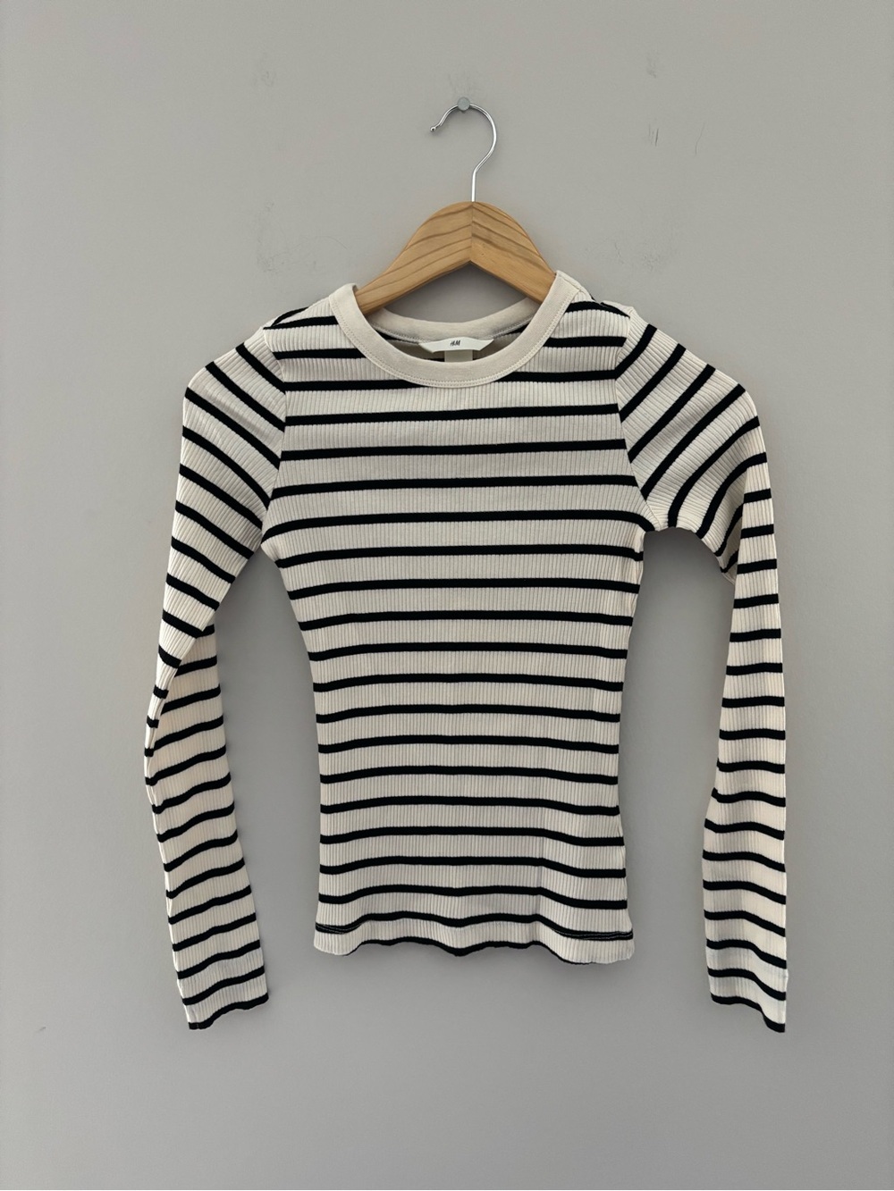 LOT OF 2 - H&M Black Cream Striped Ribbed Long Sleeve Top Women's Size XS